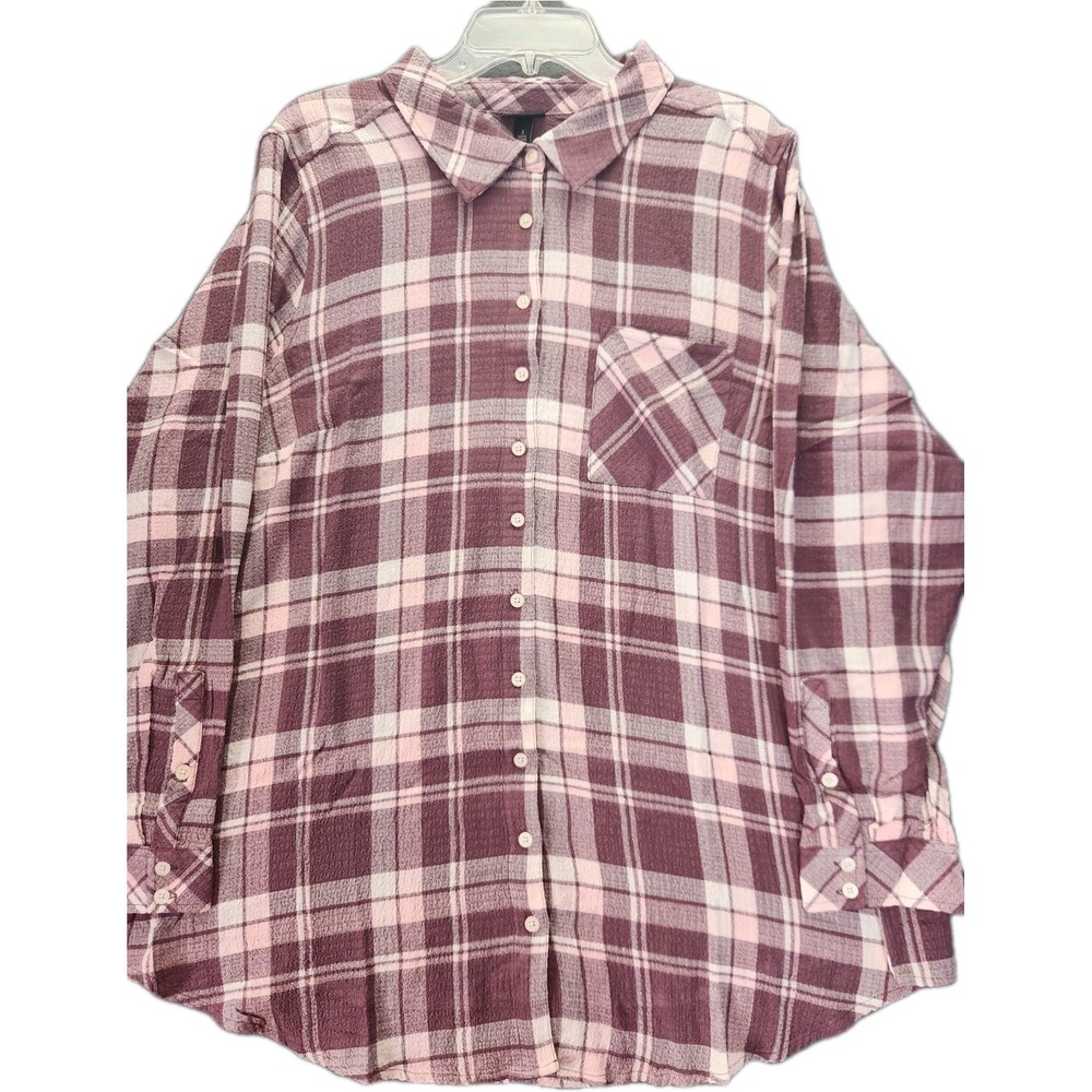 Torrid Lizzie Crinkle Flannel Gauze Button Up Tunic Plaid Pink Boho Plus 3X NWT‎